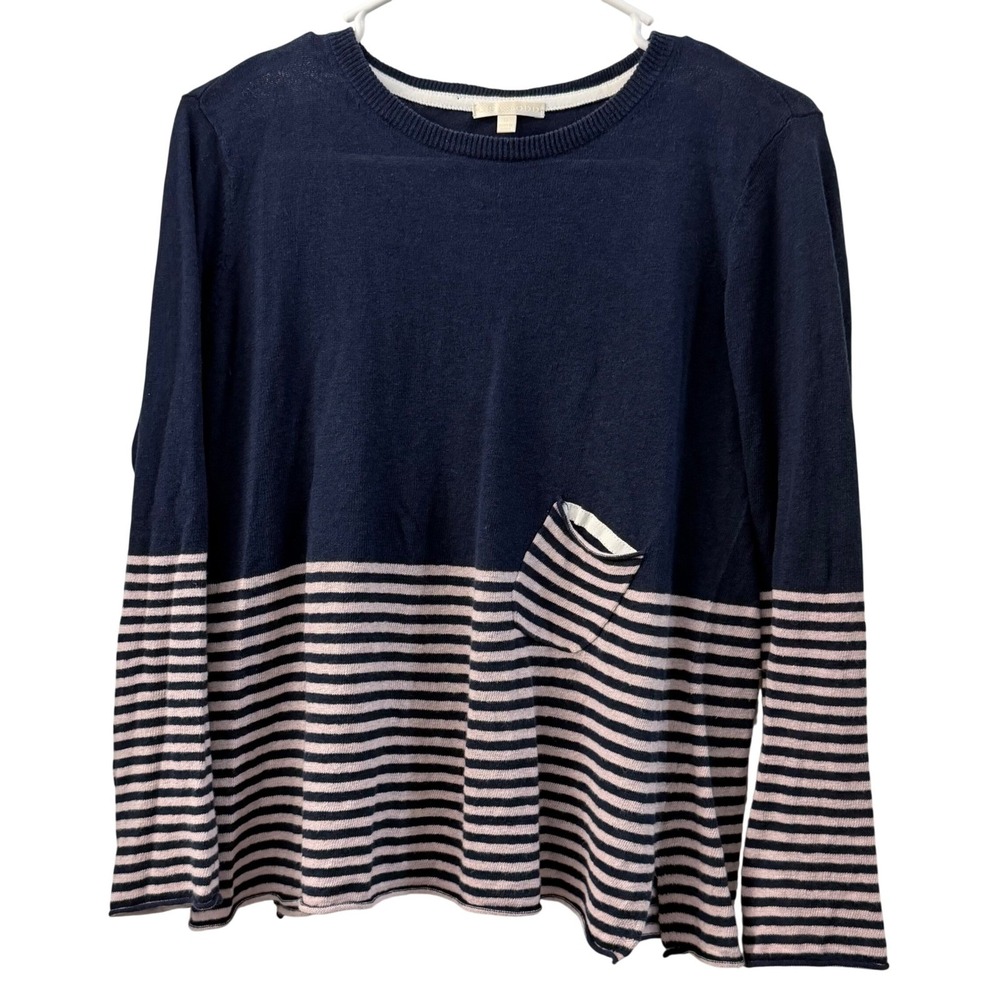 Lisa Todd Womens Large‎ Navy Pink Striped Linen Cotton Knit Sweater Pocket Top